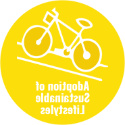 Laudato Si行动平台目标4的图形. 有一个黄色的圆圈，上面有白色的插图和白色的文字阅读 